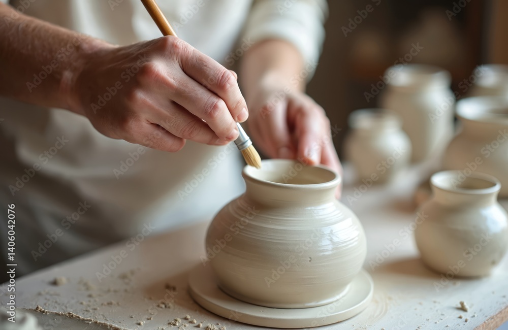 Ceramist glazing ceramic vase with brush. Craftsperson coating clay pottery with glaze. Pottery art, workshop, traditional handmade craft. Artist working with clay creating pottery. Creation, art,