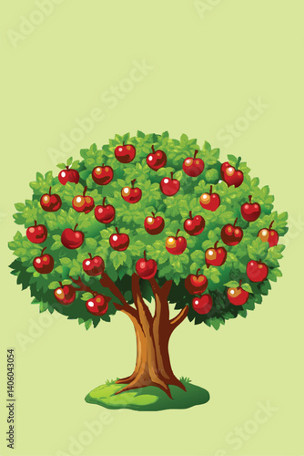Cartoon apple tree shows full, rounded foliage and abundance of red fruit