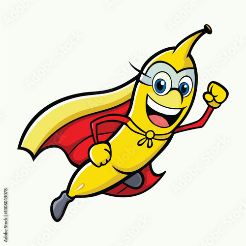 Cartoon banana character smiles wearing a red cape, eye mask, and flies forward