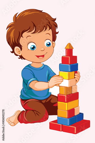 Cartoon boy smiles while building a tower from colorful toy building blocks