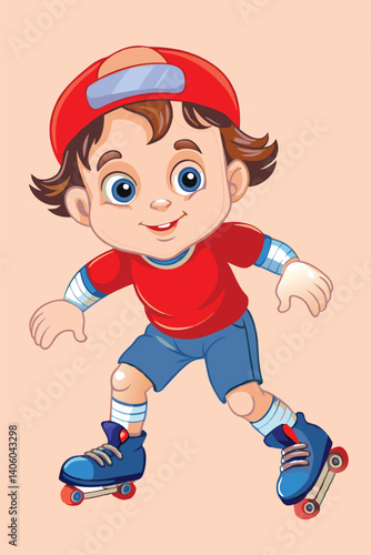 Cartoon boy wearing a red hat, shirt, and blue roller skates smiles while skating