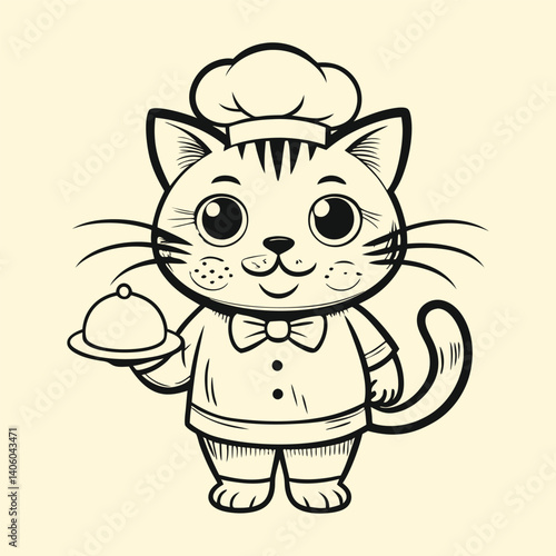 Cartoon cat chef holds a covered serving platter, wearing bow tie and toque