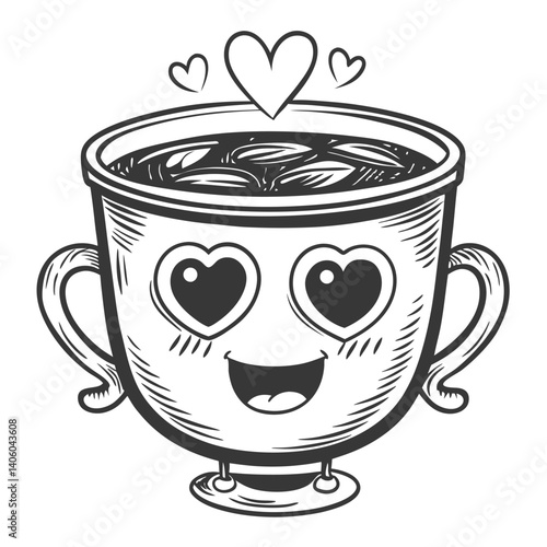 Cartoon cup with heartshaped eyes and hearts floating above it, smiling
