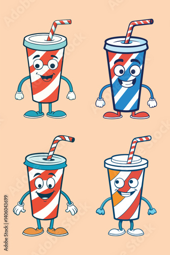 Cartoon drink cups smile with striped straws arms and legs, cheerful beverage set