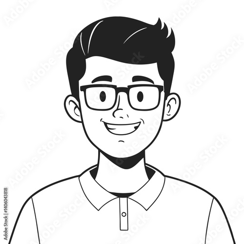 Cartoon man with dark hair and glasses smiles, wearing a polo shirt
