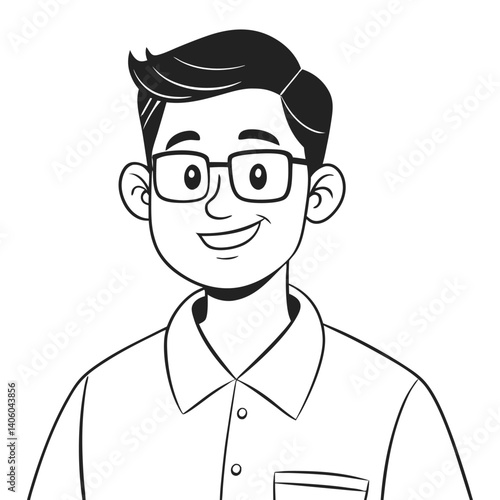 Cartoon man with glasses smiles wearing collared shirt and showing retro haircut