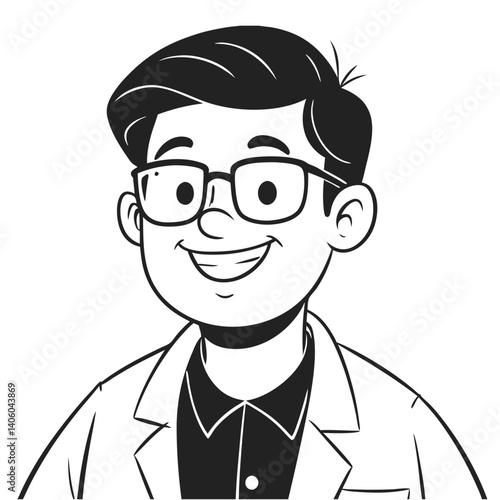 Cartoon man with glasses smiling, wearing collared shirt and lab coat
