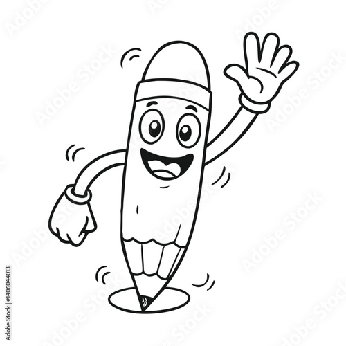 Cartoon pencil with eraser is waving, smiling, and outlined in black and white