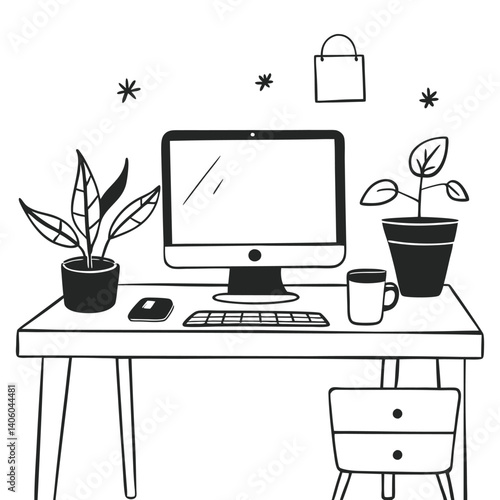 Computer and plants atop desk with coffee mug and drawn star shapes nearby