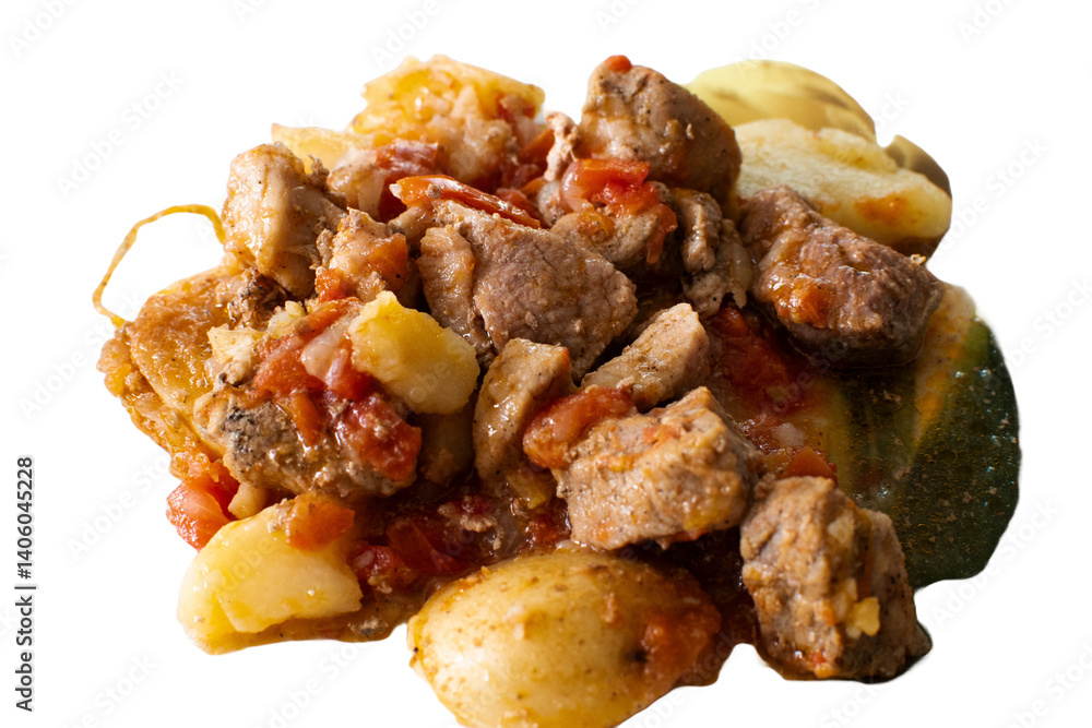 A close-up of a hearty stew featuring tender chunks of meat, soft potatoes, and rich tomato pieces, cooked to perfection. The dish exudes warmth and comfort, capturing the essence of home-cooked meals A close-up of a hearty stew featuring tender chunks of meat, soft potatoes, and rich tomato pieces, cooked to perfection. The dish exudes warmth and comfort, capturing the essence of home-cooked meals