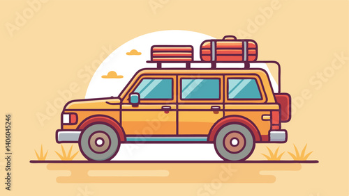 of an orange SUV with suitcases on top against a simple landscape