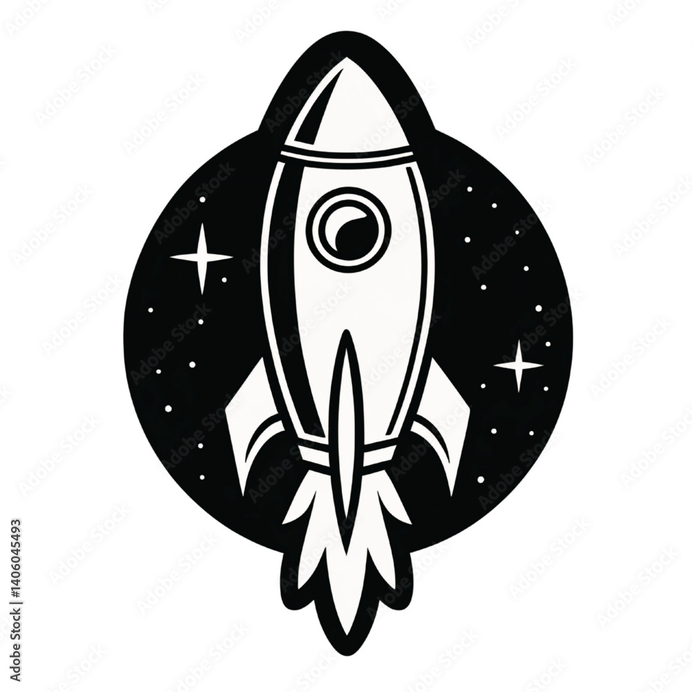 Black and White Rocket Ship Illustration in Outer Space