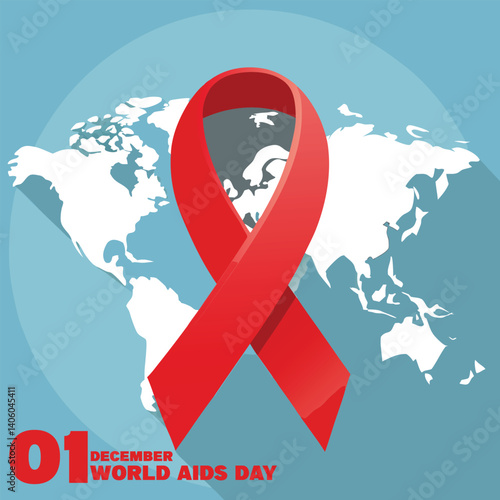 Red ribbon symbol stands over world map for World AIDS Day on December 1
