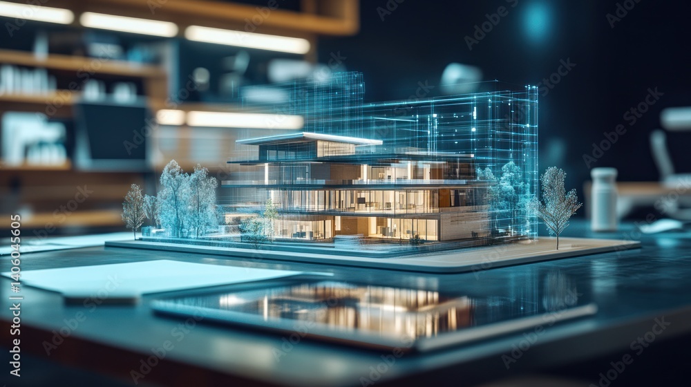 A digital hologram of a modern building design displayed over a tablet in an advanced office A digital hologram of a modern building design displayed over a tablet in an advanced office