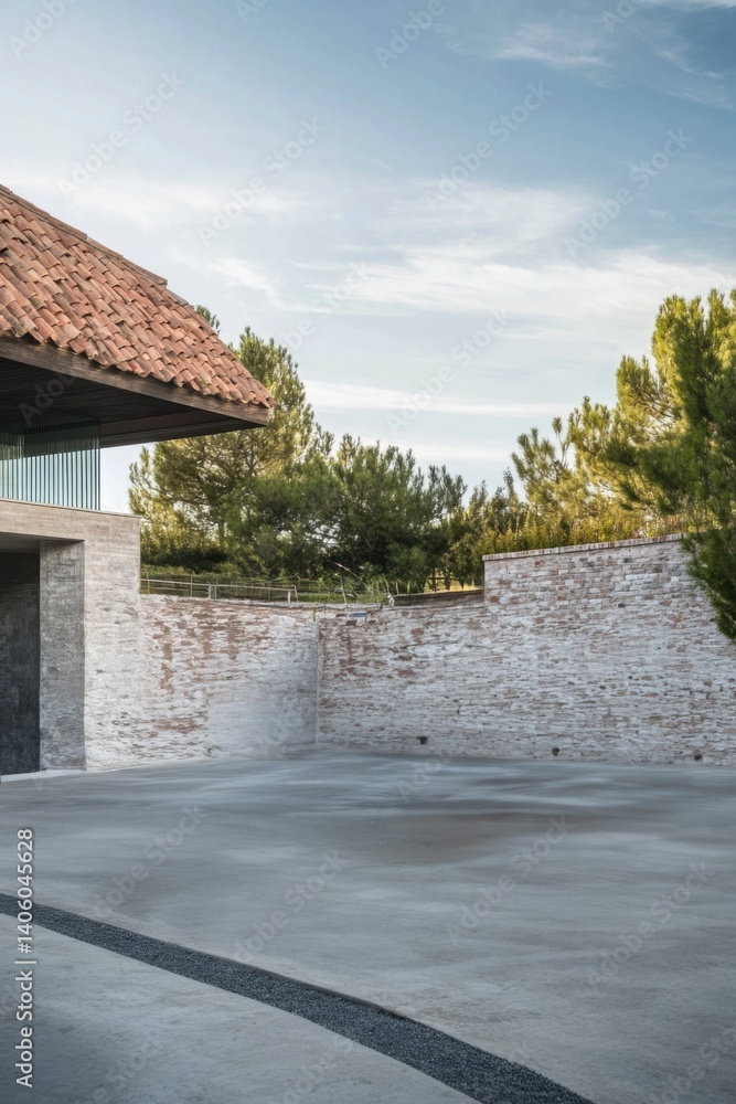 Modern architectural space showcases seamless integration of natural elements in a serene outdoor setting near greenery with clear skies at dusk Modern architectural space showcases seamless integration of natural elements in a serene outdoor setting near greenery with clear skies at dusk