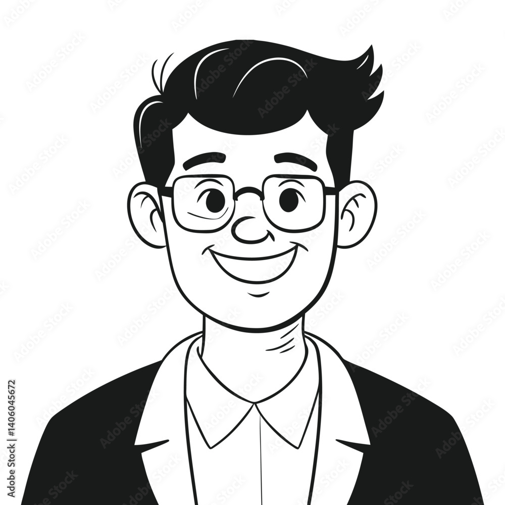 Smiling man wears glasses, a shirt, and a blazer in a sketched portrait Smiling man wears glasses, a shirt, and a blazer in a sketched portrait