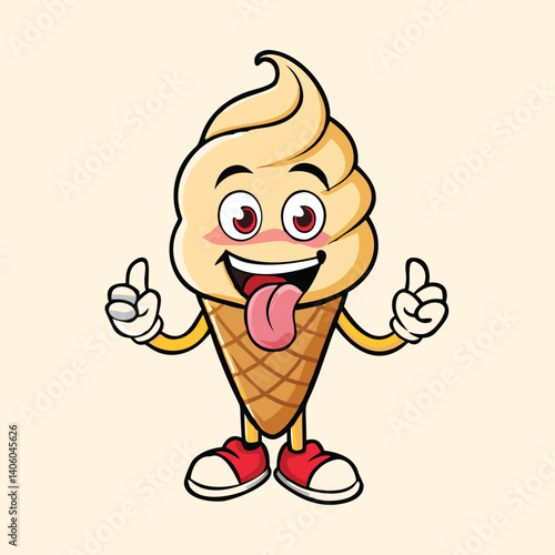 Smiling ice cream cone mascot, with a tongue out, giving thumbs up signs
