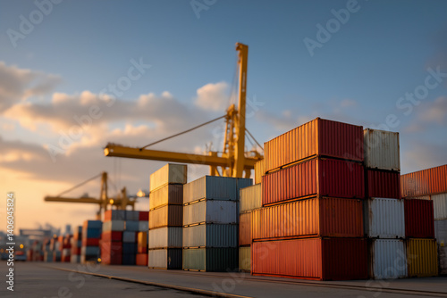 Wide angle view of container shipping yard with cranes, against blue sky, trade and tariff concept