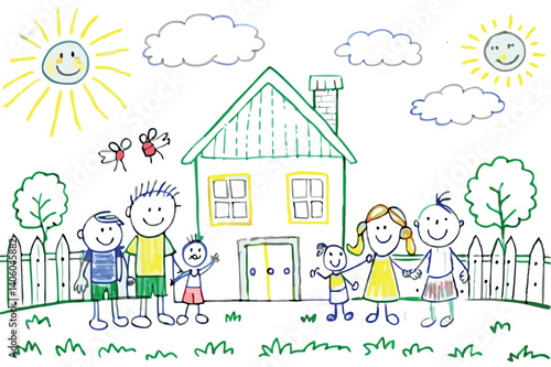 Stick figure family smiles in yard with drawn sun, house, fence and trees