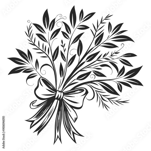 Stylized floral bouquet with leaves and tendrils, tied with a sketched bow