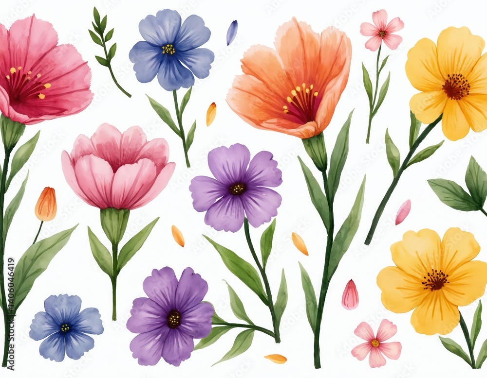 Watercolor flowers set with hand-painted abstract botanical illustrations. Delicate floral designs rendered with artistic flair, isolated against white background. Bundle of art perfect for design Watercolor flowers set with hand-painted abstract botanical illustrations. Delicate floral designs rendered with artistic flair, isolated against white background. Bundle of art perfect for design