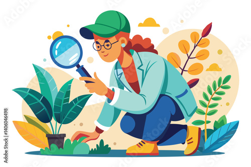 Woman with glasses, cap, and lab coat examining plants with magnifying glass