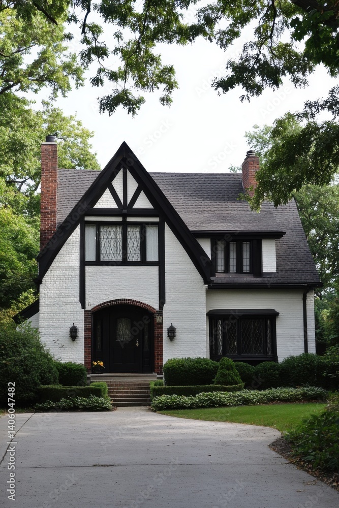 Charming Tudor-style house with intricate details surrounded by lush greenery in a peaceful residential neighborhood during daylight hours Charming Tudor-style house with intricate details surrounded by lush greenery in a peaceful residential neighborhood during daylight hours