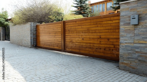 Wide automatic sliding gate made of planks with remote control, installed in high stone fence wall. Security, protection, privacy concept for automated property. Modern, electrical design, 