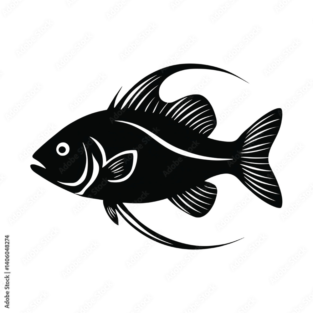 Tropical Fish Silhouette Vector Illustration in Black and White