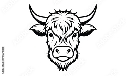 Highland cow head silhouette, Cow logo design, Farm animal illustration, Bull head icon, Cattle vector 