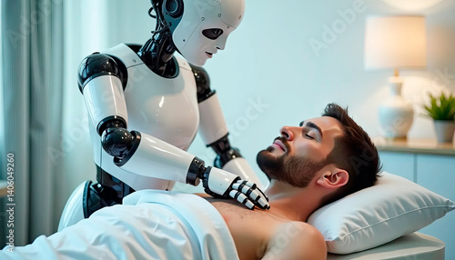 Humanoid robot performing a massage on a person lying face down, highlighting innovation in therapy within a modern wellness setting