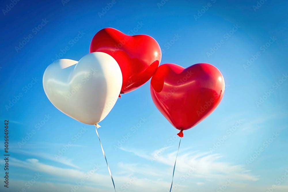 Red and white heart-shaped balloons on the blue sky background. Red and white heart-shaped balloons on the blue sky background.