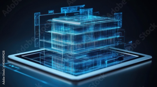A digital tablet showcasing a hologram of a modern building. Real estate and building technology concept with clear space for customization.