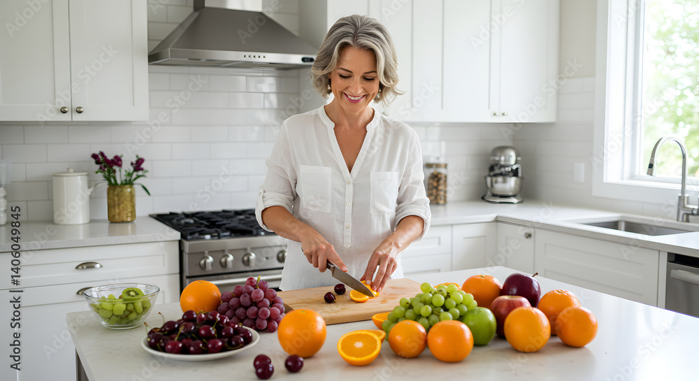 Mature woman slicing fresh fruits in bright modern kitchen Mature woman slicing fresh fruits in bright modern kitchen