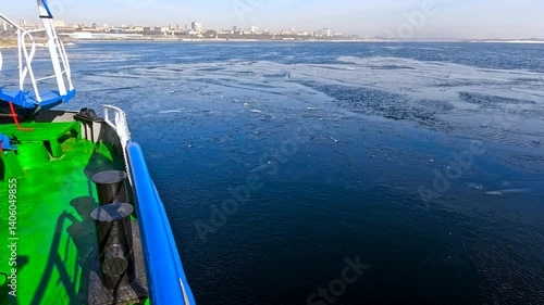 Wallpaper Mural View of a boat moving on a winter river Torontodigital.ca