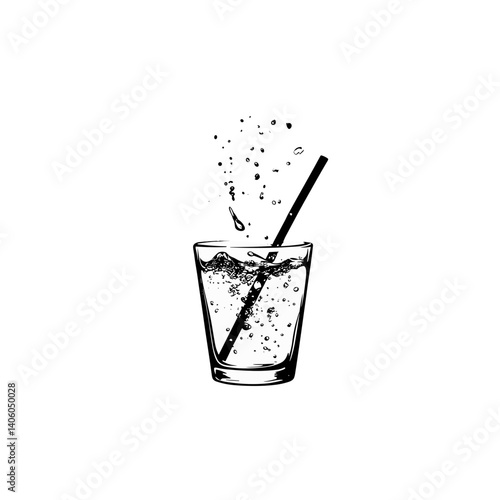 Sparkling drink icon with straw in black and white outline style