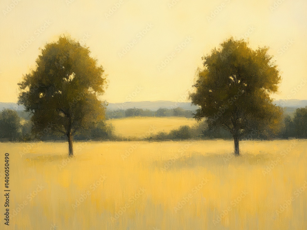 Obraz premium Calm landscape featuring two trees in a golden field