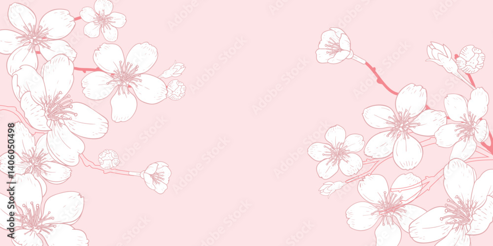 Vector horizontal pink background with line art of sakura branch with flowers. Hand drawn cherry branches. Vector illustration. Vector horizontal pink background with line art of sakura branch with flowers. Hand drawn cherry branches. Vector illustration.