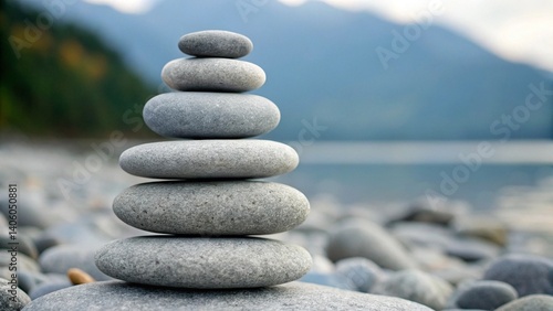Fototapeta Naklejka Na Ścianę i Meble -  Close-up of a carefully constructed tower of six smooth, gray stones balanced on a larger, flat rock on a beach covered with pebbles. In the soft-focus background, a tranquil lake or sea meets distant