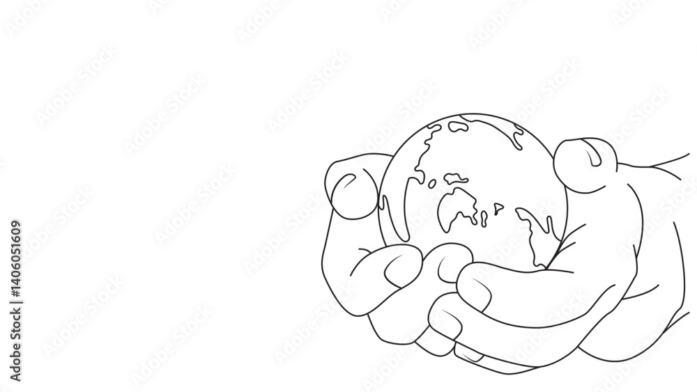 Delicate touch: Holding earth in caring hands - line art depicting our home Delicate touch: Holding earth in caring hands - line art depicting our home