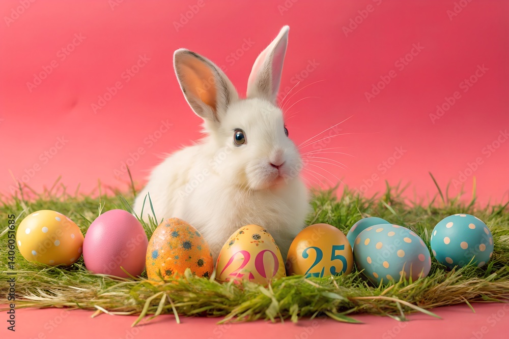 Cute Easter Bunny with 2025 Eggs in Nest, Cute Easter Bunny with 2025 Eggs in Nest,
