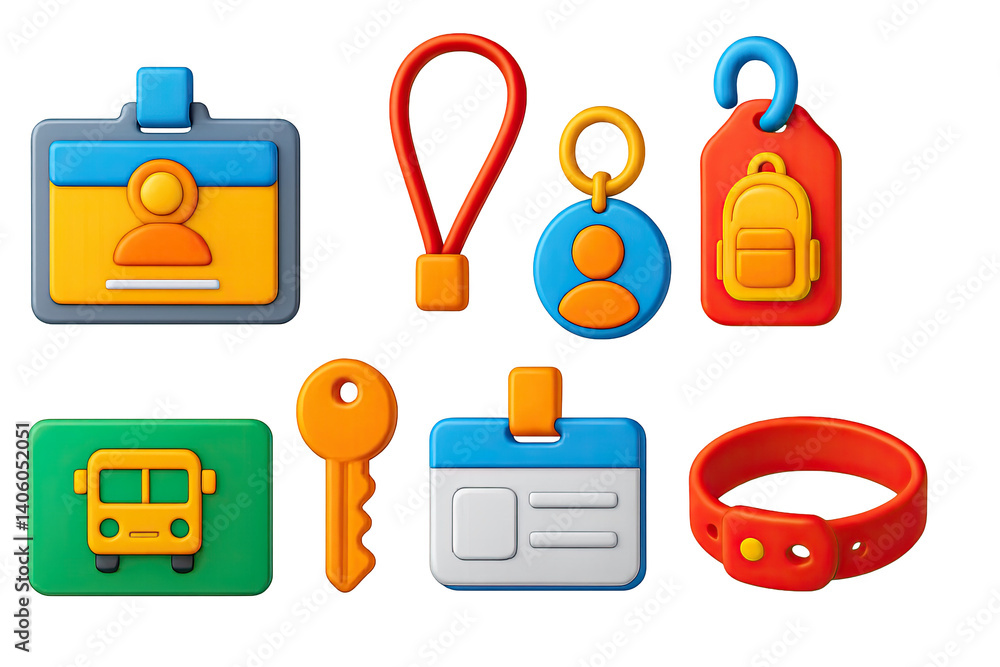 3D icon set of student ID and accessories: student ID card, lanyard, keychain, backpack tag, bus pass, locker key, name badge, wristband. 3d icon. icons set of 3d style in a modern design. Isolated