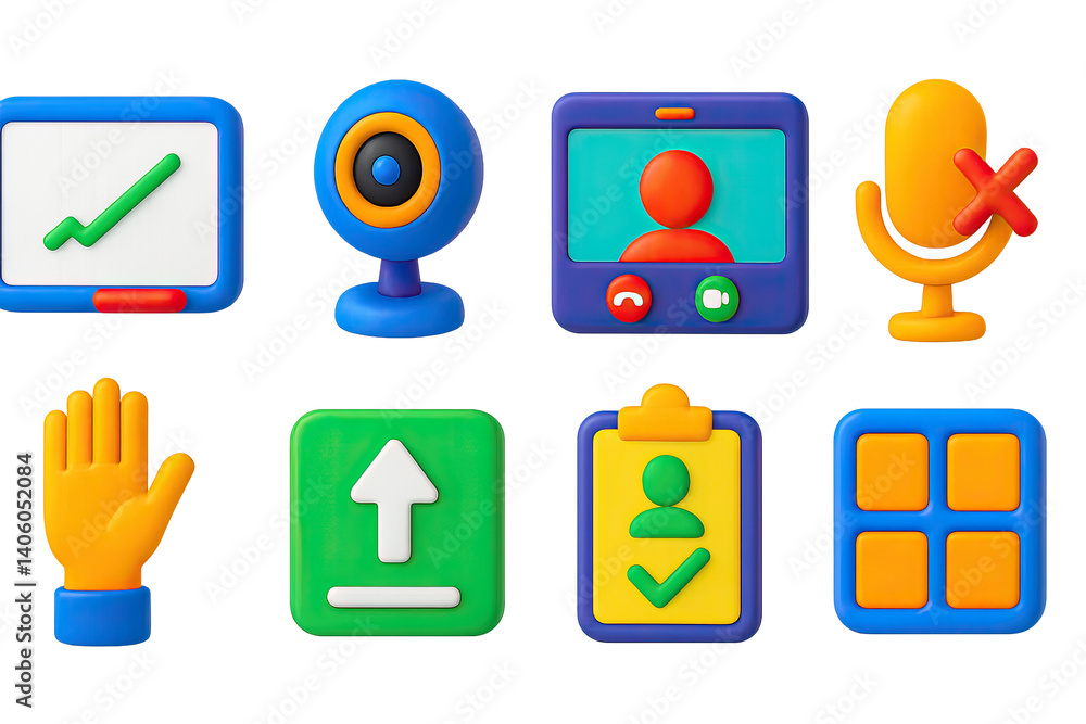 3D icon set of digital classroom icons: online whiteboard, webcam, video call screen, mute button, raise hand icon, share screen symbol, attendance check, breakout room. 3d icon. icons set of 3d