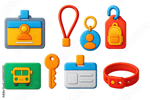 Obraz na płótnie 3D icon set of student ID and accessories: student ID card, lanyard, keychain, backpack tag, bus pass, locker key, name badge, wristband. 3d icon. icons set of 3d style in a modern design. Isolated w salonie