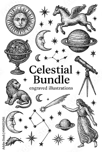 Celestial collection reveals intricate engravings of cosmic elements and mythical figures in harmonious design