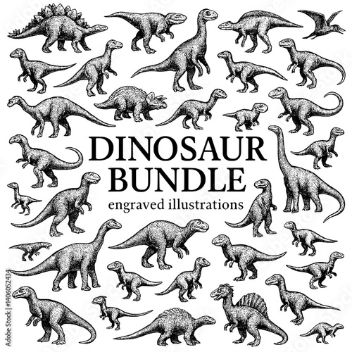 Engraved dinosaur bundle featuring various species in a captivating black and white design