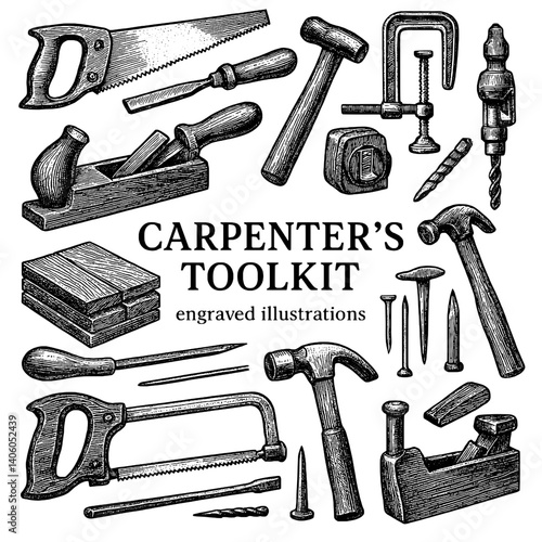 Unique engraved illustrations of a carpenter's toolkit showcasing various woodworking tools in intricate detail