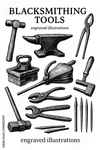 Blacksmithing tools display showcasing engraved illustrations of essential equipment for metalworking crafts