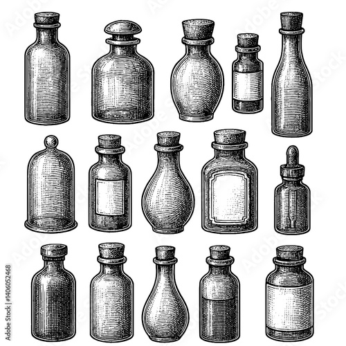 Vintage collection of glass bottles showcasing engraved designs in an artistic display against a transparent background