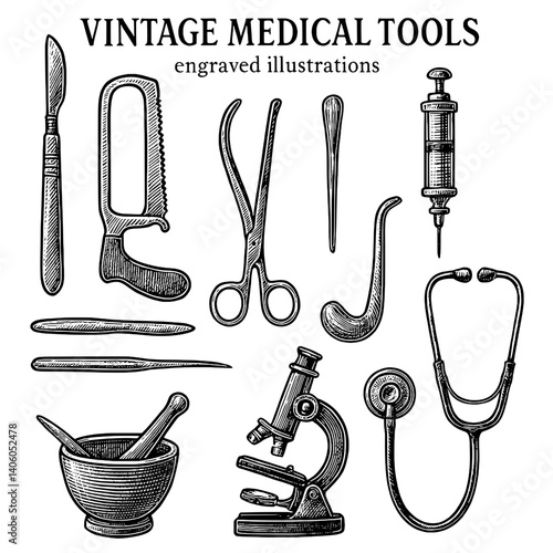 Engraved vintage medical tools collection showcasing intricate illustrations of various instruments